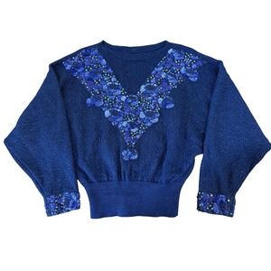 Vtg 80s Blue Sequin Emblished Sweater BatWing Lurex Lace Knit‎ M/L Glam Holiday